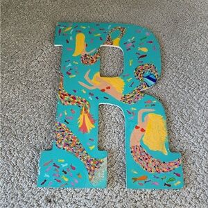 Handpainted wooden letter R Mermaid Beach Print Handmade Handcrafted Pink Blue